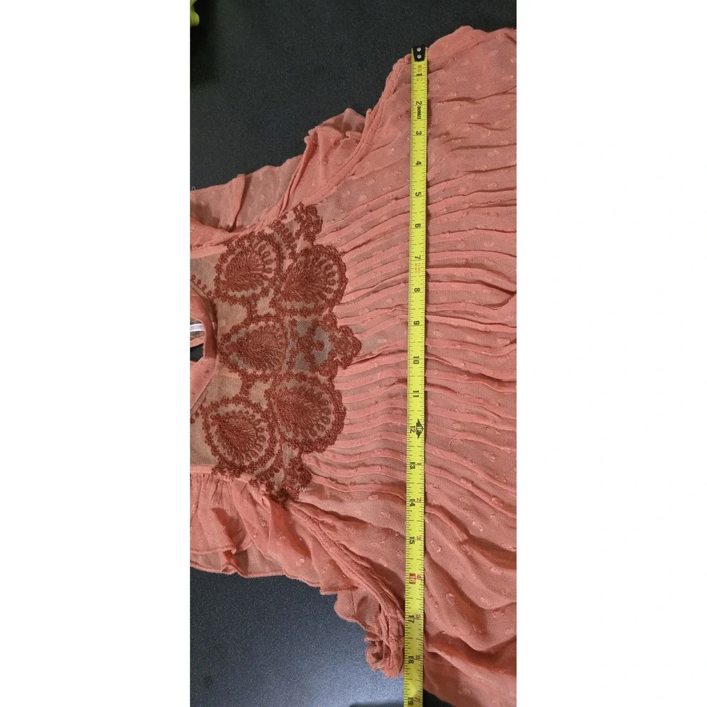 FREE PEOPLE Sheer Orange Embroidered Party Not Over Boho Top‎ XS Ruffle Hippie